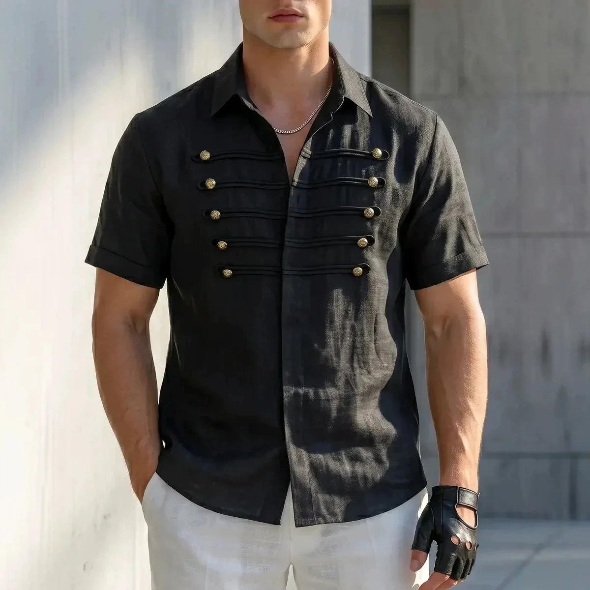 2026 Summer Men Vintage Solid Color Lapel Short Sleeve Shirt Metal Button Loose Breathable Daily Leisure Casual Button Up Tops