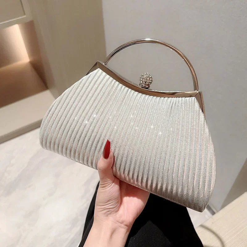 Pleated Evening Handbag Women Top Handle Glitter Day Clutch Ladies Wedding Dinner Dressed Clip Bag Diamond Party Purse Gold view 5