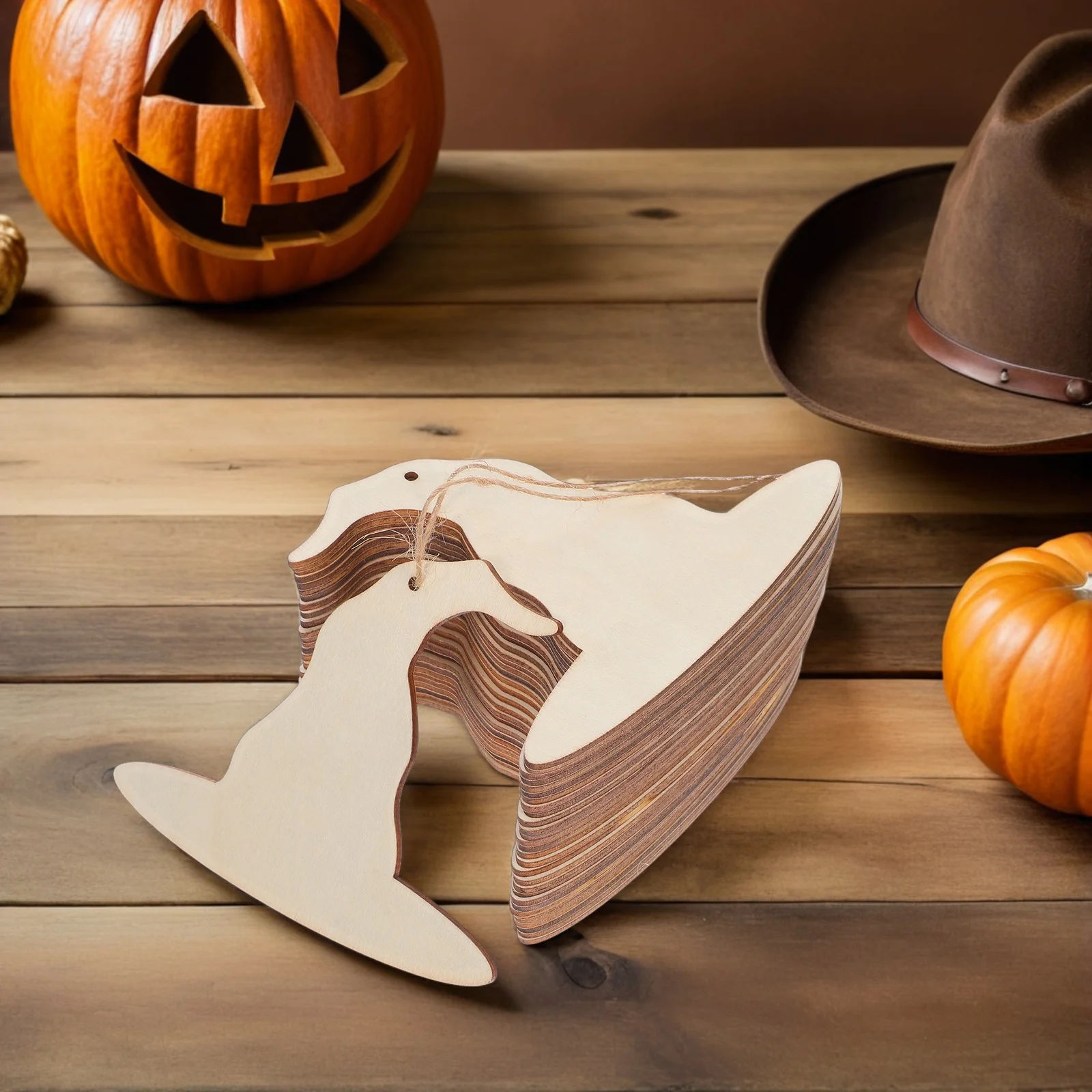 

30 pcs Wooden Witch Hat Cutouts Halloween Unpainted Blank DIY Craft Ornaments Wood Slice Decorative Hanging Tags for Party Kids