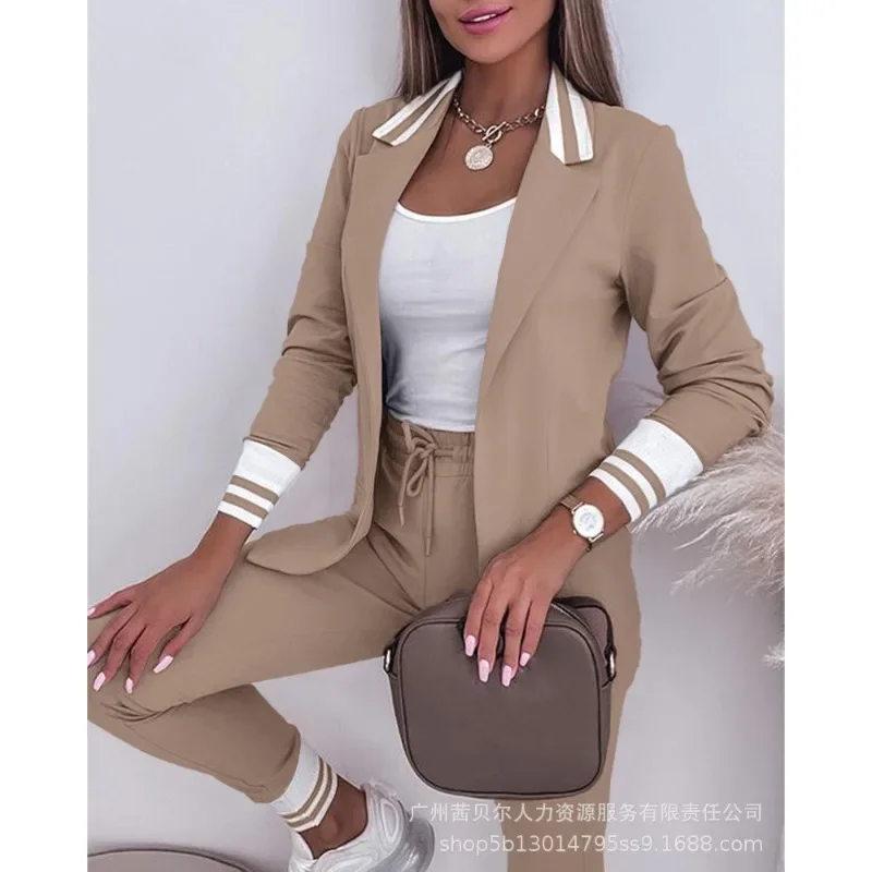 Drawstring Pants Casual Blazer Coats Outwear Trend Long Sleeve Suit Coat Sets Women Two Piece Skinny Pants Sets Pencil Trousers