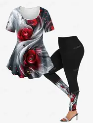 Plus Size XS-6X Koszulka z krótkim rękawem i legginsy Skinny Plus Size Dopasowany zestaw 3D Ombre Light Beam Rose Flower Dew Printed