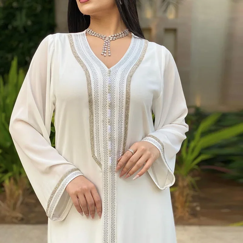 UNI White Muslim Dress Kaftan Luxury Dubai Abaya Turkey Islam Abayas Dresses for Women Robe Djellaba 2 Pcs Set Femme Musulmane