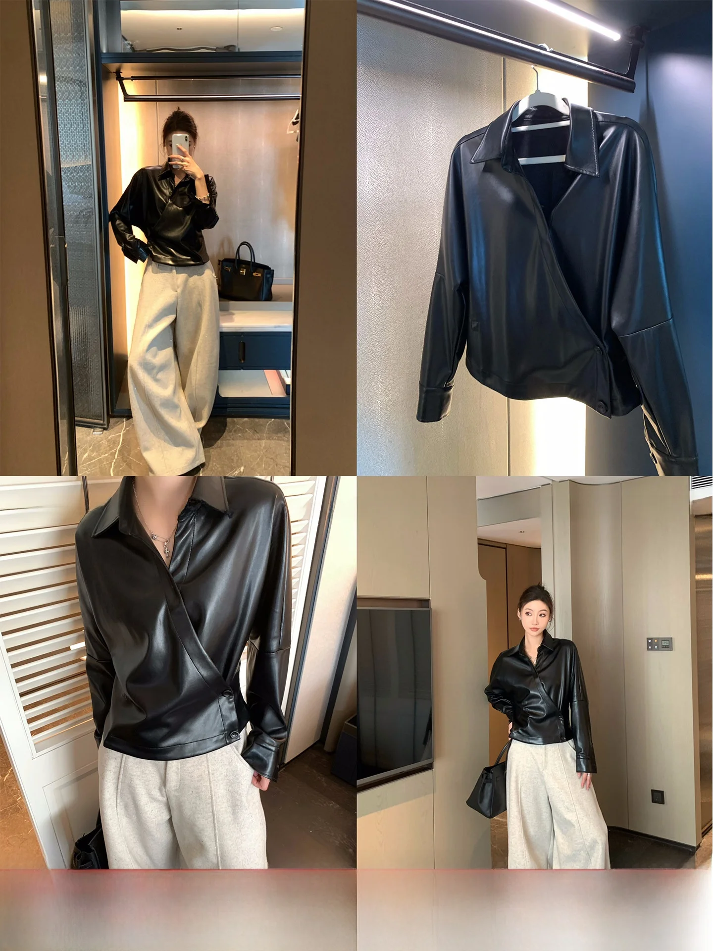 GV Big Brother Ele Preppy V-ne PU Leather irt Women's Versatile Design Sense Top Long Sve Zipper Closure Regular L...