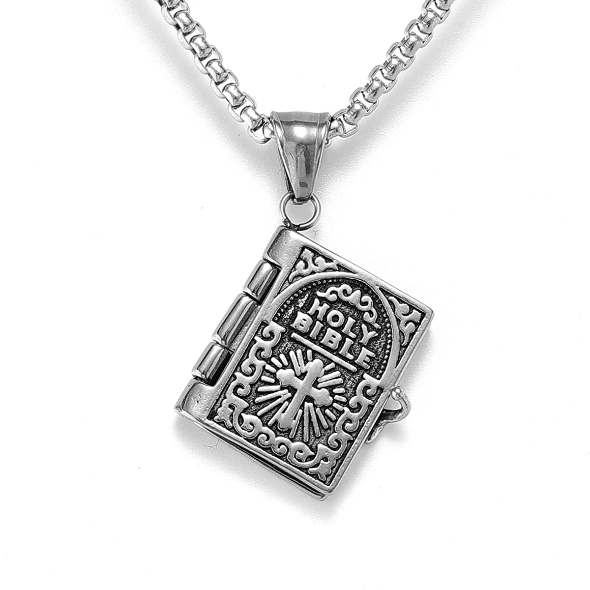 Kawailay Collana con ciondolo a forma di libro della Bibbia, stile vintage, rock, punk, hip hop, rapper biker, collana religiosa per uomo e uomo – argento