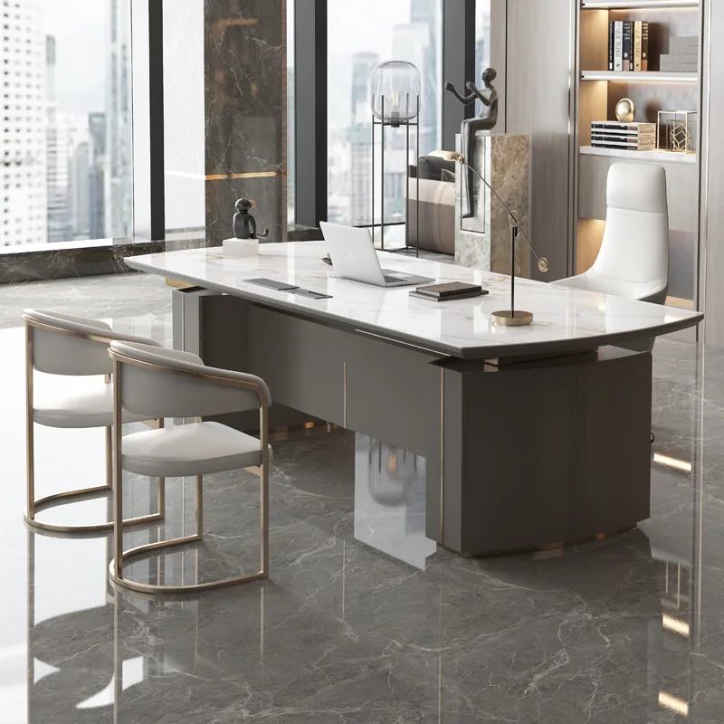 Light Luxury Glossy Rock Panel Office Desk And Chairs Baked Lacquer Boss  Simple Modern Writing Desk President