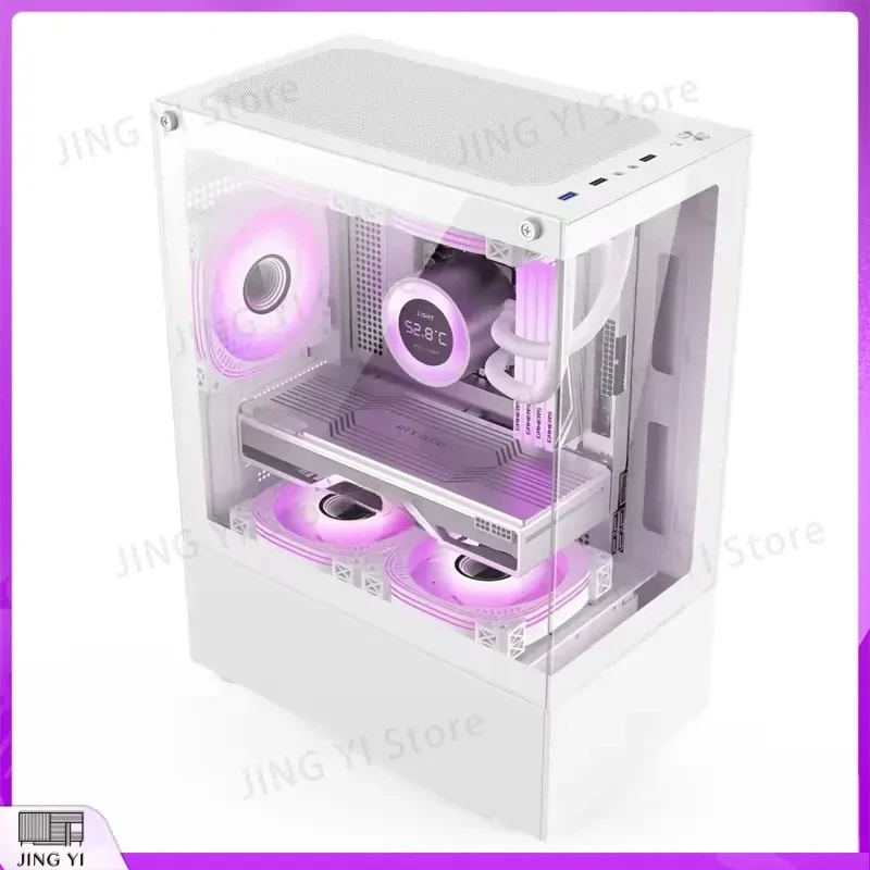 ATX Mid Tower Gaming PC Case Tempered Glass Full Metal Computer Chassis Water Cooling Support E Sports Desktop Cabinet Black