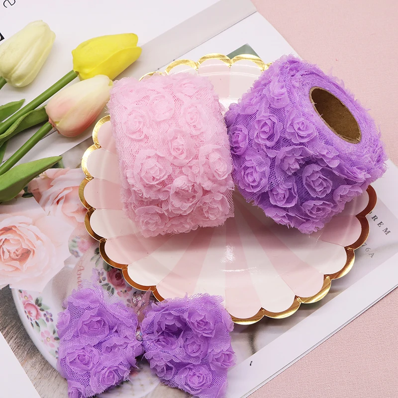 6cm*5yards 14colors 3D Rose Flower Chiffon Lace Tulle Ribbon Roll DIY Hand Sewn Wedding Headdress Bow Clothing Decor Accessories