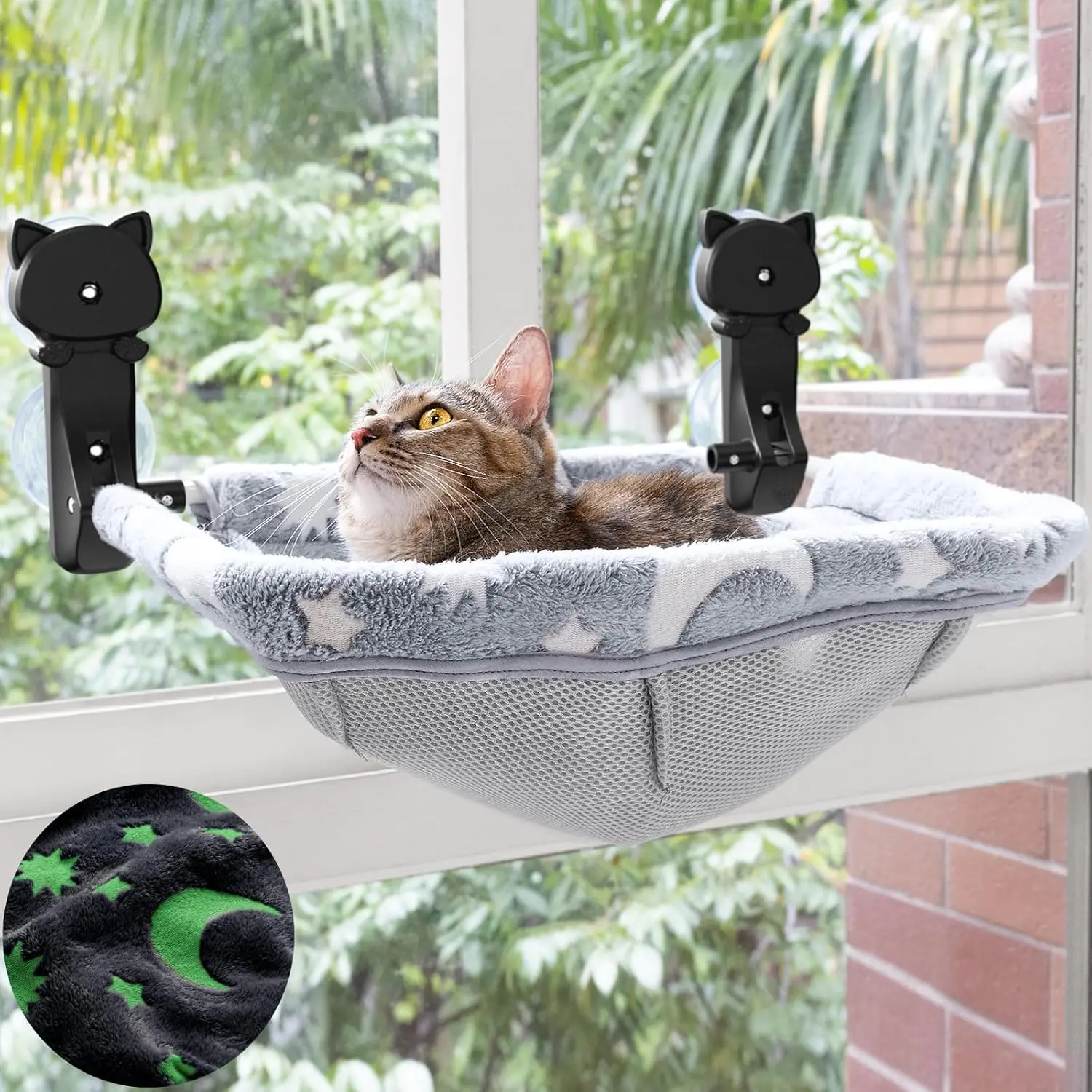 

Cat Window Perch Cordless, Glow in The Dark & Stable Cat Beds- Breathable Window Hammock for Overlooking, Sunbathing and Clim