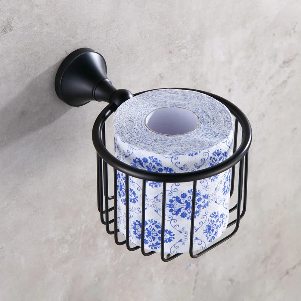 Soporte de cesta de rollo de papel higiénico para baño, accesorio de latón negro frotado con aceite, montado en la pared, mba855