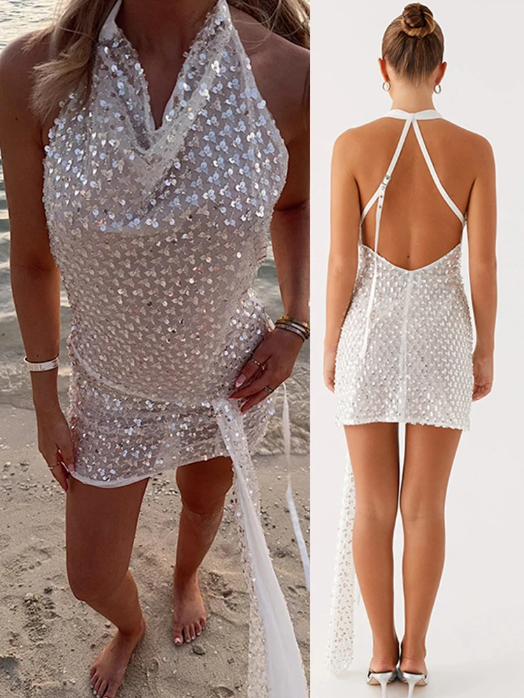 

Sexy Sequin hanging neck Women's Dress Fashion Sleeveless Backless Slim Fit Mini Dresses Female Summer Holiday Chic Casual Party