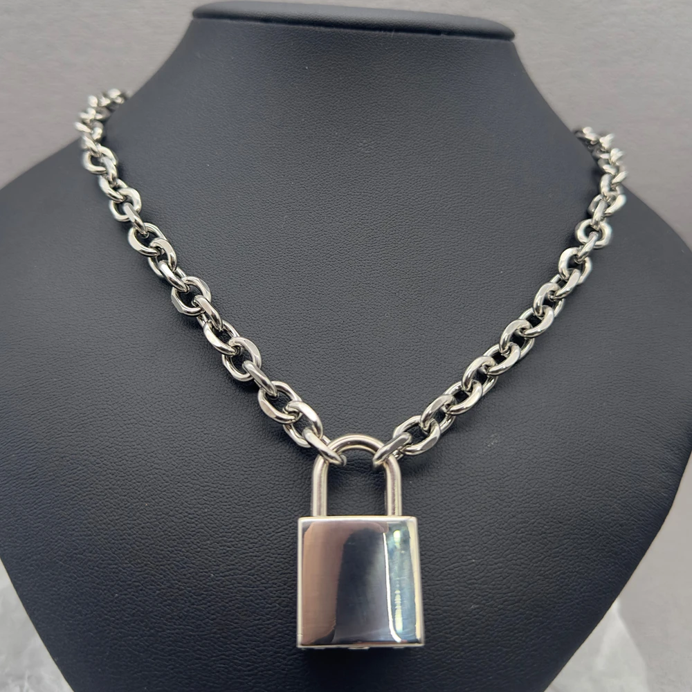 Punk Solid Stainless Steel Chain Oversized Padlock Necklace Women Mens Unisex Chunky Heavy Lock Key Necklace Handmade Jewelry