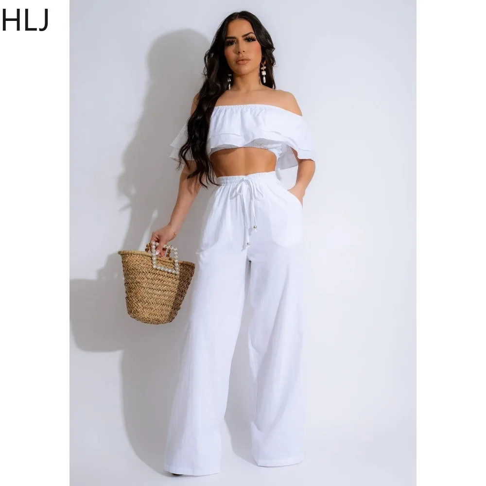 HLJ Elegant Lady Ruffle Design Wide Leg Pants Two Piece Sets Women Off Shoulder Crop Top And Pants Outfits Fashion OL Clothing