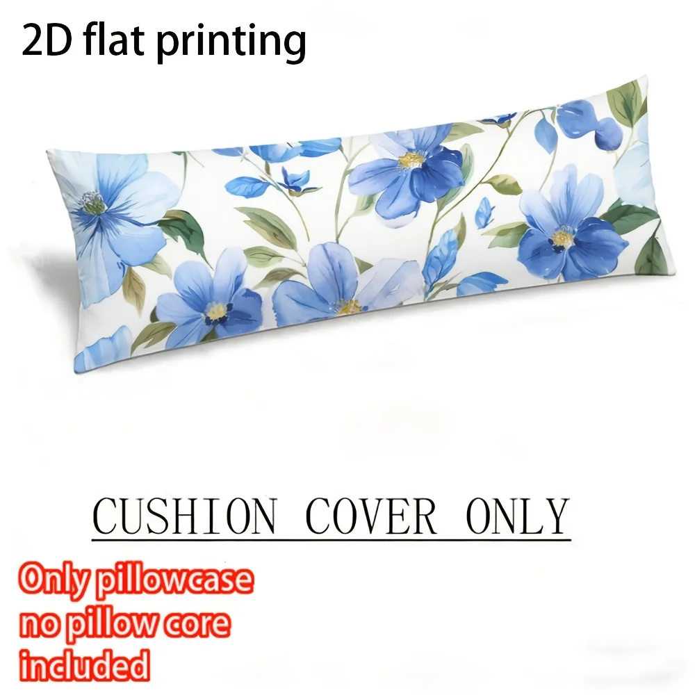 2D Flat Body Pillowcase, Long Pillowcase, Printed Design, Blue Floral Botanical Pattern, Durable Fabric, Full-body Support Pillo