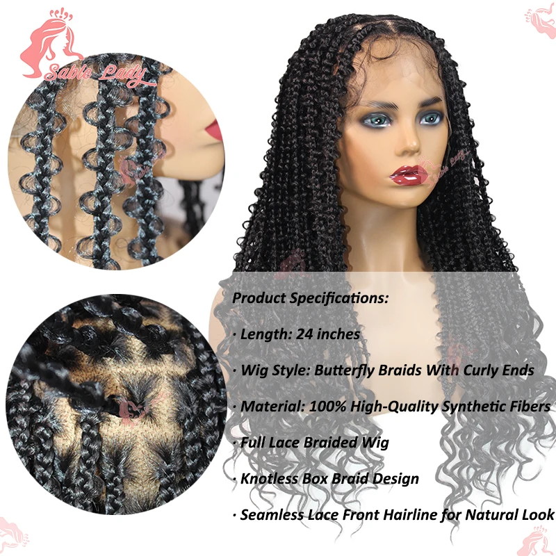 24" Schmetterlingszöpfe synthetische geflochtene Perücken für schwarze Frauen knotenlose Box Braid Perücke mit lockigen Enden volle Spitzeperücke lockige Perücken Locs