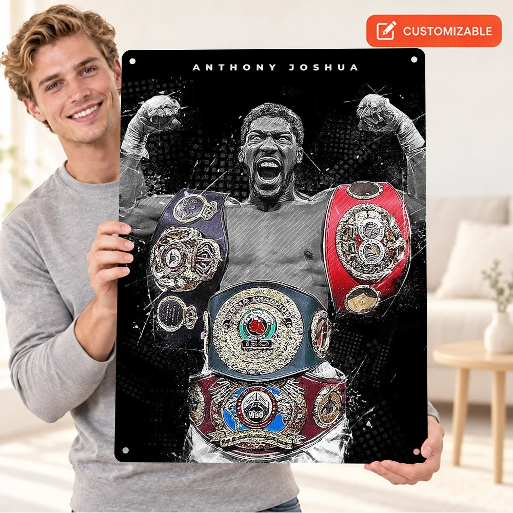 Anthony Joshua Boxer Textured Metal Poster Personalized Aluminum Sign Gold Plates Black Straps Graphic Wall Art For Home Gym