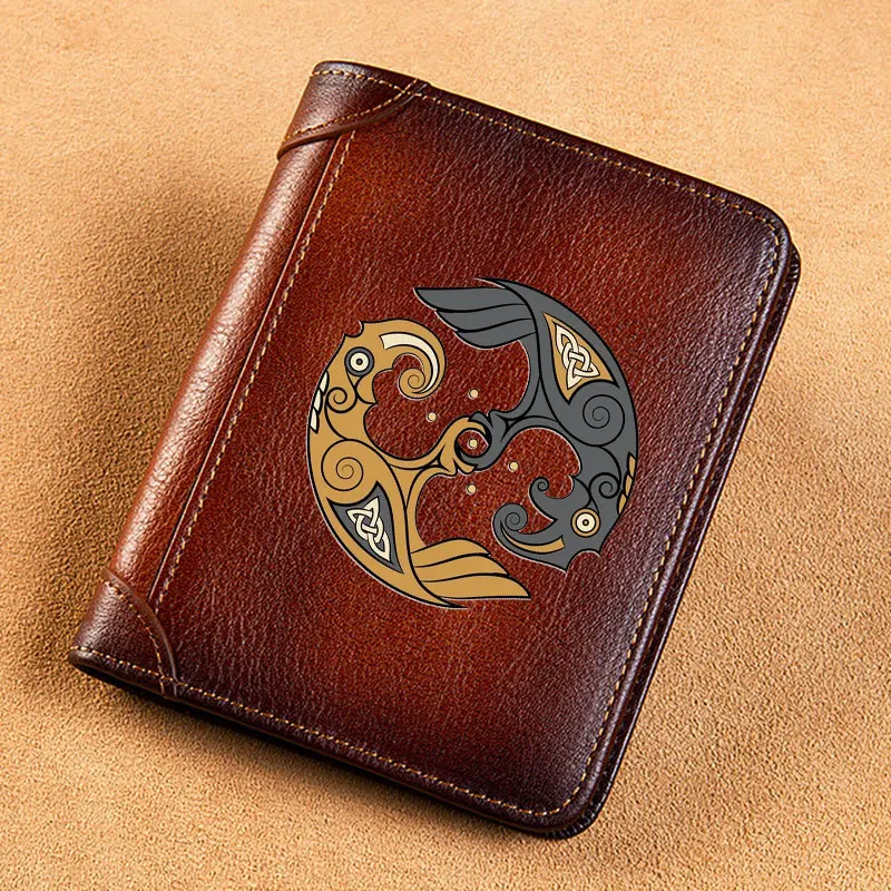 

High Quality Genuine Leather Men Wallets Two Racens Of The God Odin Sign Cover Short Card Holder Purse Trifold Men's Wallet