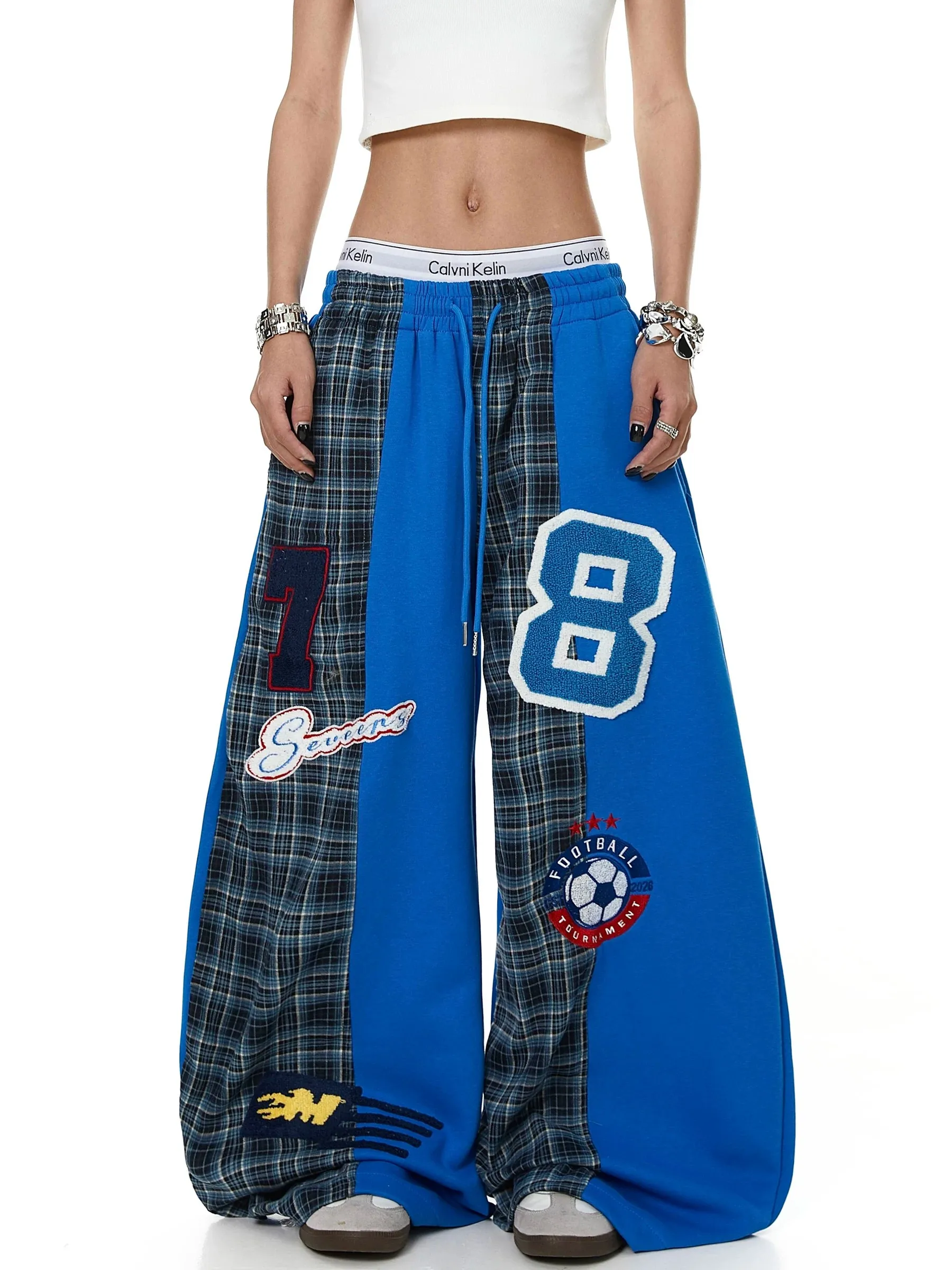 American Color Block Plaid Splicing Embroidery Wide Leg Pants Men Women Spring Autumn New Design Jazz Dance Casual Pants