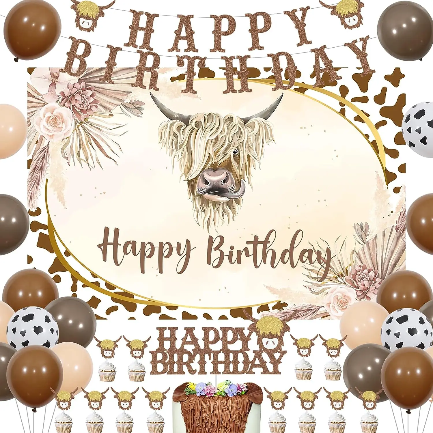 Highland Cow Theme Birthday Party Decorations, Cattle, Backdrop Banner, Cake Toppers for Boys