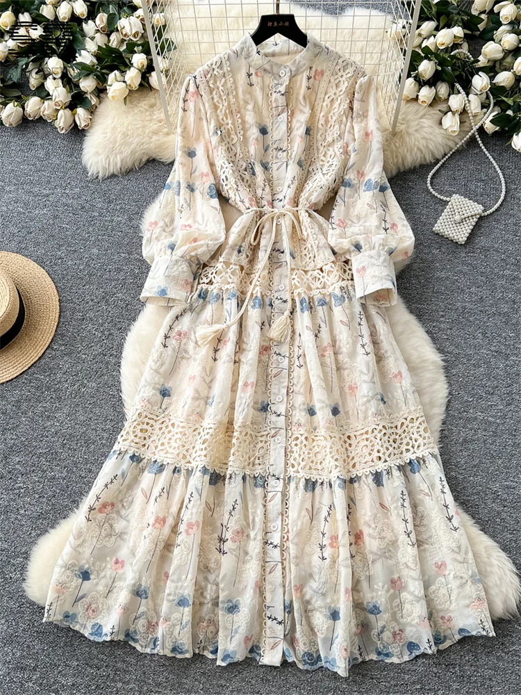 SINGREINY Senior Floral Long Dresses Women Lantern Sleeve O Neck Lace Up Design Single Breasted High