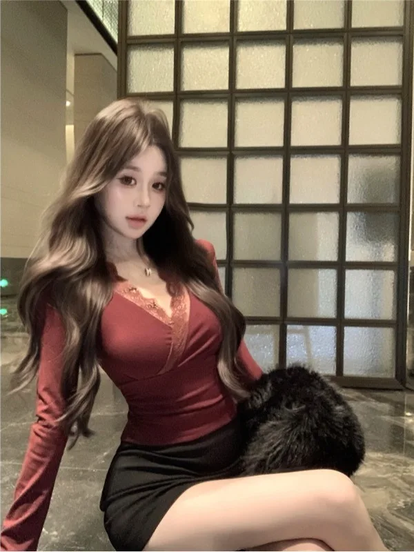 Slim Fit Short Sleeve Lace T-Shirt Women's Fashion Spring Cotton Linen Blend Long Sleeve V Neck Color Base Layer Shirt