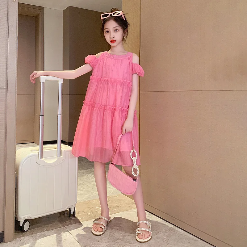 ZOETOP 2025 الكورية الصيف فتاة المدرسة فستان فتاة مراهقة قبالة الكتف فستان بحزام فتاة صغار لامعة الشاش فستان قطعة واحدة #1