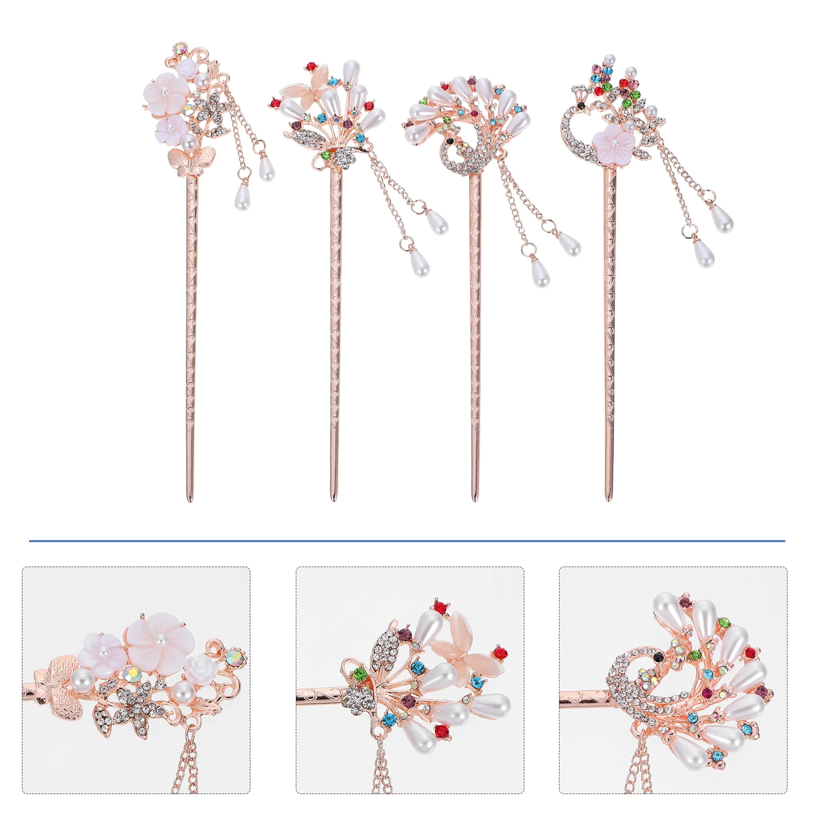 

4 Pcs Rhinestones Vintage Pearl Hairpin Ancient Style Headdress Headgear Delicate Chopsticks Alloy Accessory Bride