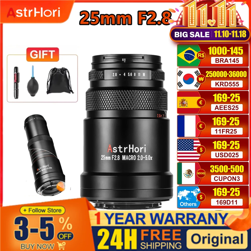 AstrHori 25mm F2.8 2X 5X Full Frame Ultra Macro Lens for Sony E for Canon RF eos r Nikon Z for Leica L Fuji FX Mount Camera