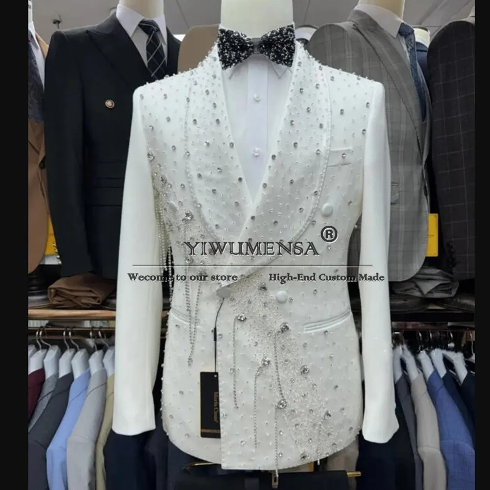 

Rhinestone Tassel Men Suits Beaded Shawl Lapel Jacket Blazer Double Breasted Groom Customized 2 Pieces Coat Pants Plus Size