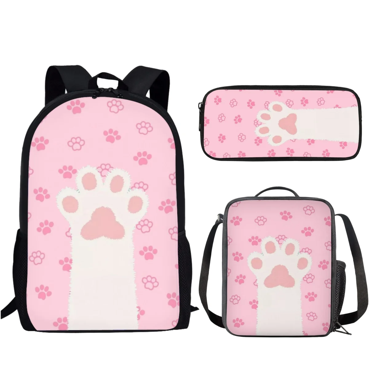 Funny Pink Dog Paws Print 3Pcs/Set School Bag for Student Boys Girls Teenager Casual Storage Backpack with Lunch Bag Pencil Bag