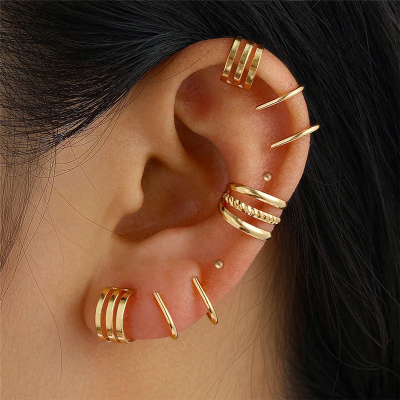 7Pc Ear Cuff Earrings Non-Piercing Double Layer Cuff Ear Clip Earring for Women Fake Cartilage Simple Y2K Jewelry 2024 New