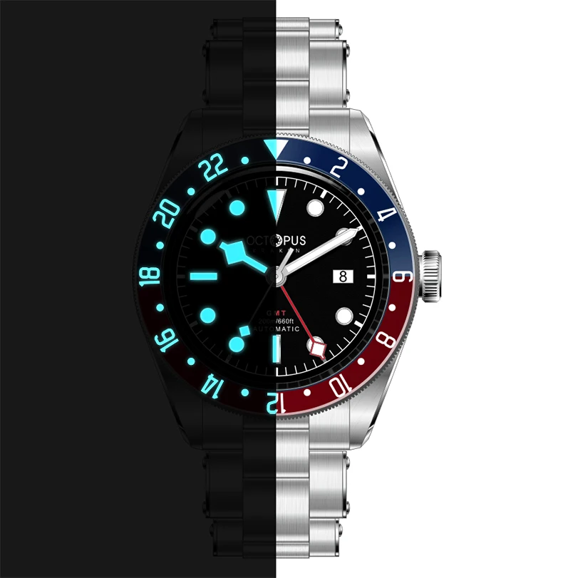 Octopus Mens Automatic Watches GMT Luxury Mechanical Wristwatch Diver 200m Waterproof BGW-9 Luminous Ceramic Bezel Hangzhou 6460