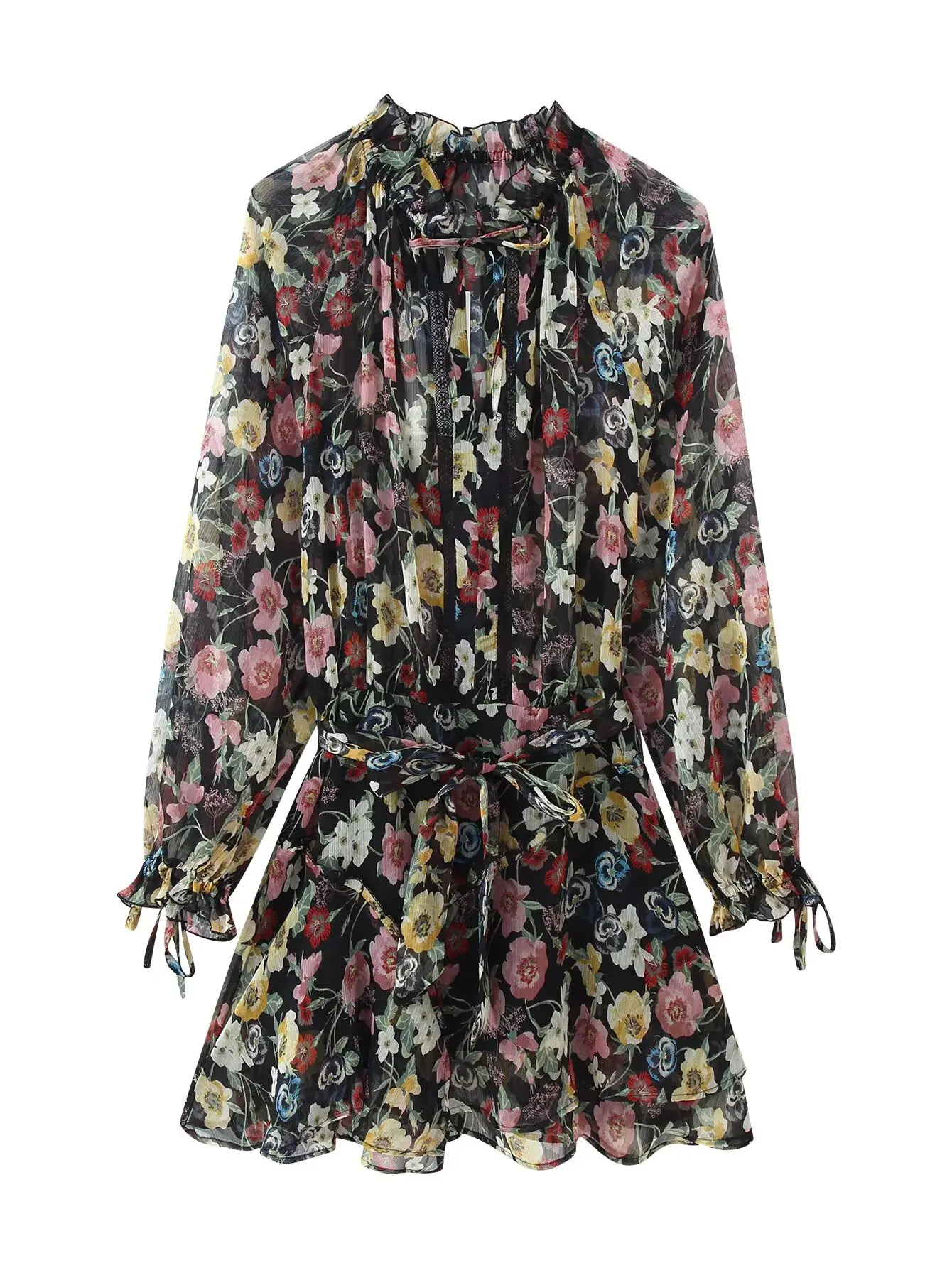 Women Colorful Floral Print Mini Dress Spring Autumn Long Sleeve Chiffon Dresses