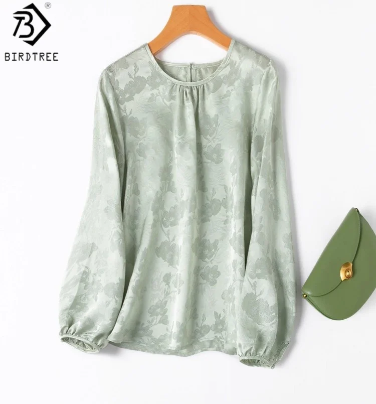 

Birdtree 20MM 100% Mulberry Silk Light Green Shirt,Women Jacquard Plain Satin Long Sleeve O-neck Autumn Loose Blouse T59233JF