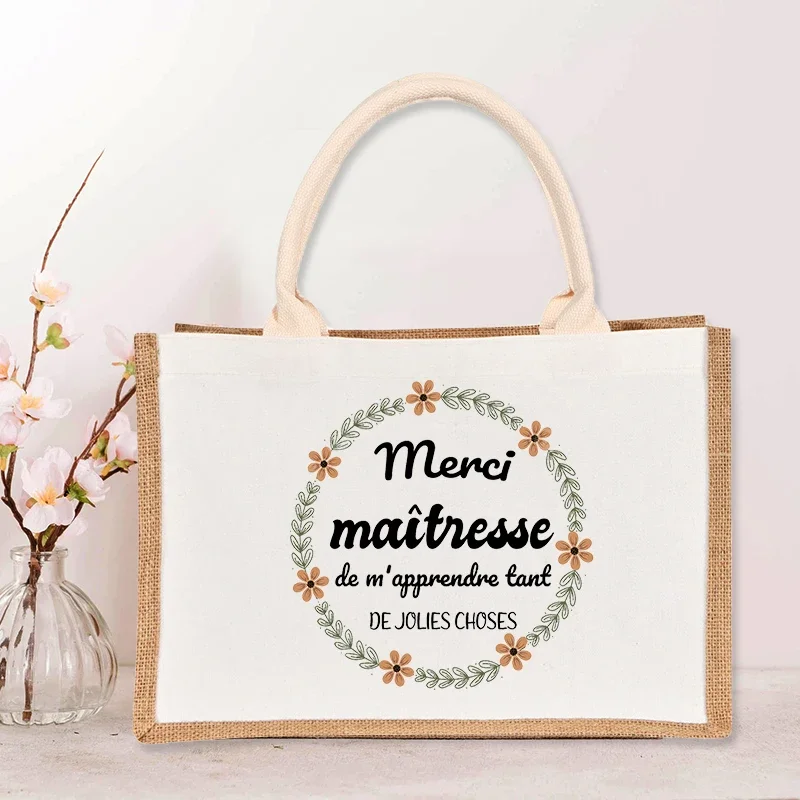 

Merci Maitresse Print Storage Bag Women Burlap Tote Bags Canvas Shopping Bag Harajuku Teacher Gift Shoulder Mistress Gift Bags