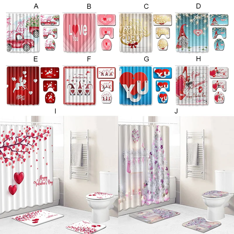 Bathroom Shower Curtain Flower Bath Curtain Sets Valentines Day Toilet Cover Mat Non-Slip Washroom Rug Set Home Decor Accessorie