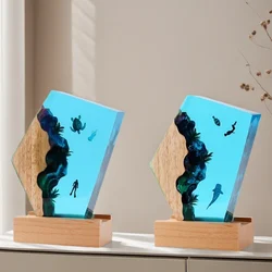 Cute Gift Creative Turtle Seabed Organism Table Lamp Diver Epoxy Resin Figurines Statue Desk Table Decorations Glow Night Light