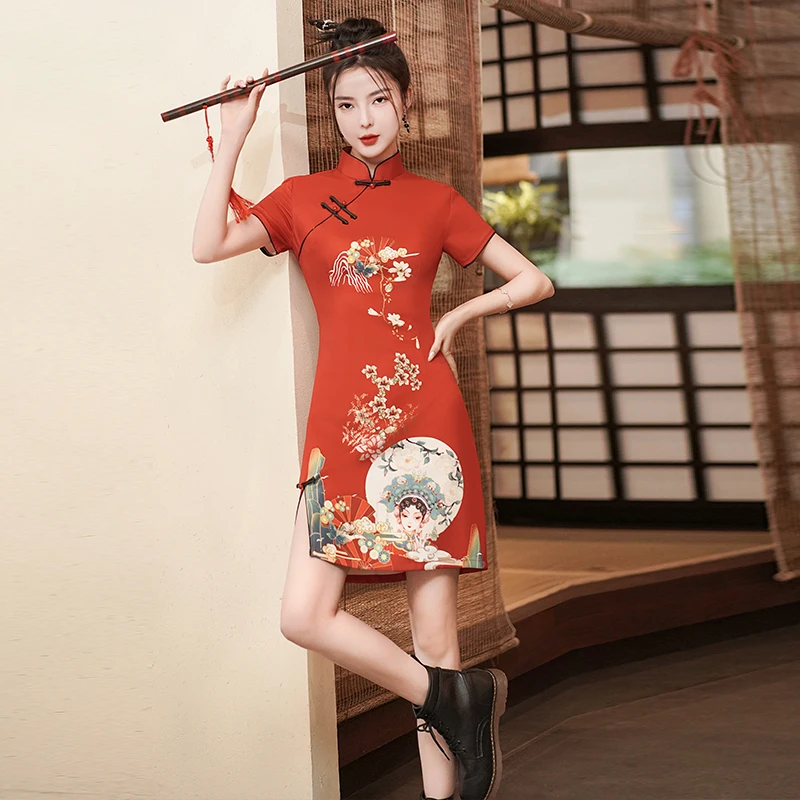 Red National Fashion Women Printed Improved Cheongsam 2023 Summer New Young Improved Chinese Style Qipao Dress