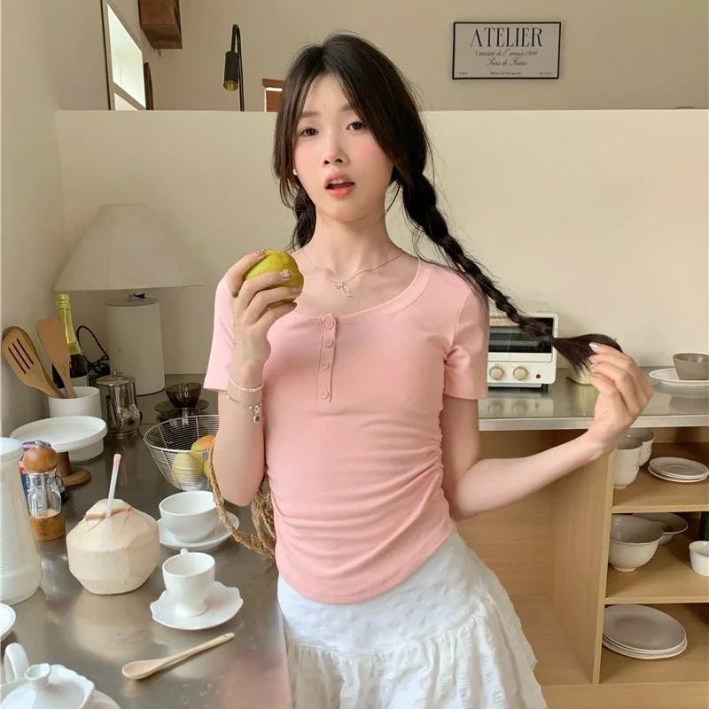 Summer Women Sweet Soft Cotton Clothes Lady Ruched Slim Fit 2024 Designer Tops Female Versatile Button Short Sleeved T-shirts