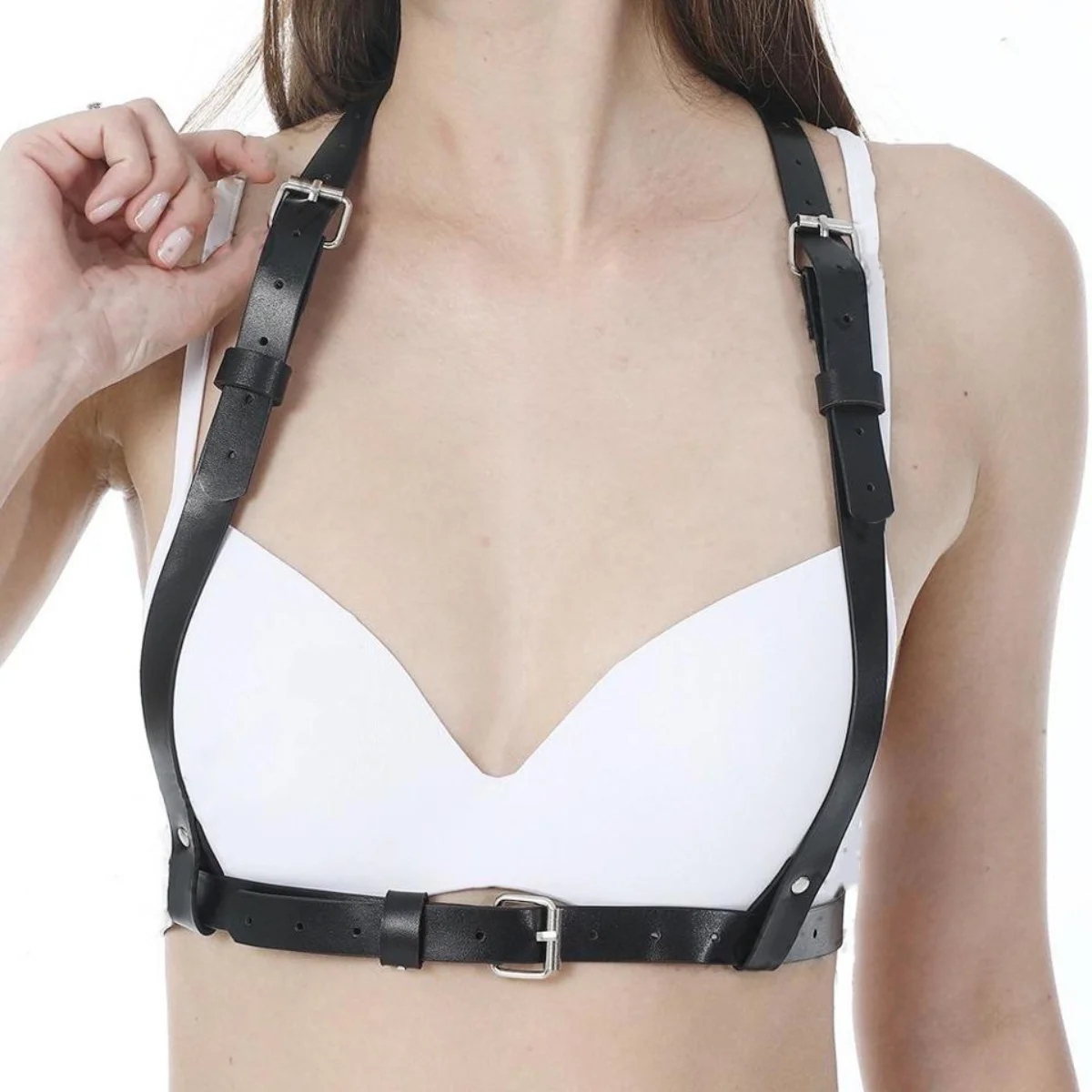 Women Adjustable Double Shoulder PU Chest Harness, Punk Layering Accessory For Camisole Club Stage Outfit Matching