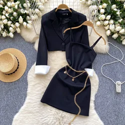 Chic Women Two-Piece Sets Notched Neck Single Button Top High Waist Chain Straps Dress French High Street Autumn Winter Clothing