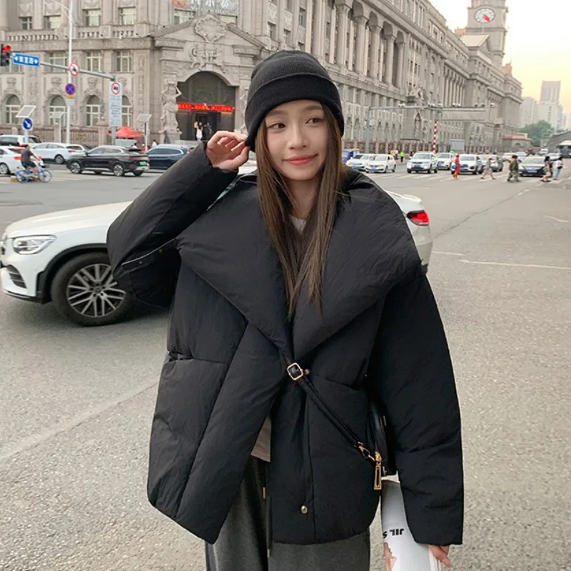 

Winter Lapel Puffer Jacket Loose Y2K Fashion Down Cotton Coat Woman Solid Color Casual Windproof Warm Cropped Parkas
