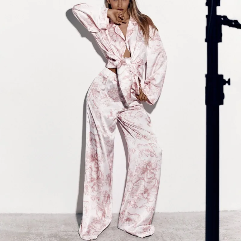 Women's Long Sleeve Pants Satin Pajama Set with Ink Print Casual Autumn Winter Loungewear for European American Styles L Size