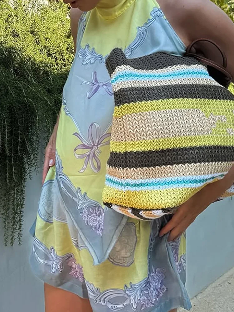 

Sexy Backless Lace Up Beach Outfits Fashion Women Halter Sleeveless Top and Shorts 2pc Set Satin Pattern Printed Slim Fit Suit