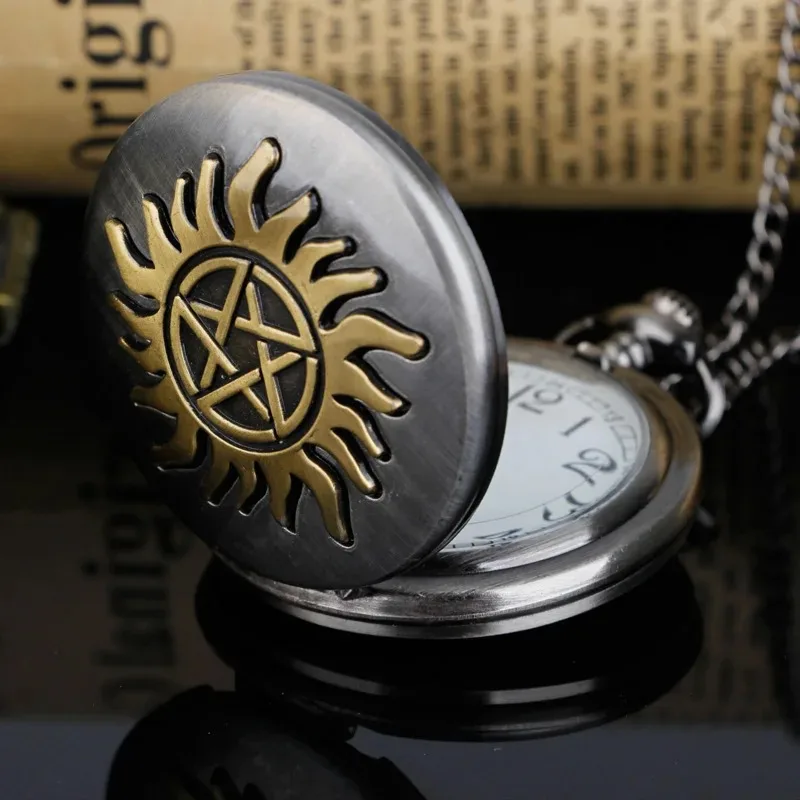 Classic Moive Anime Sun Pentagram Pocket Watch Steampunk Necklace Digital Pendant Chain Clock Fashion Sculpture Men Women Gift