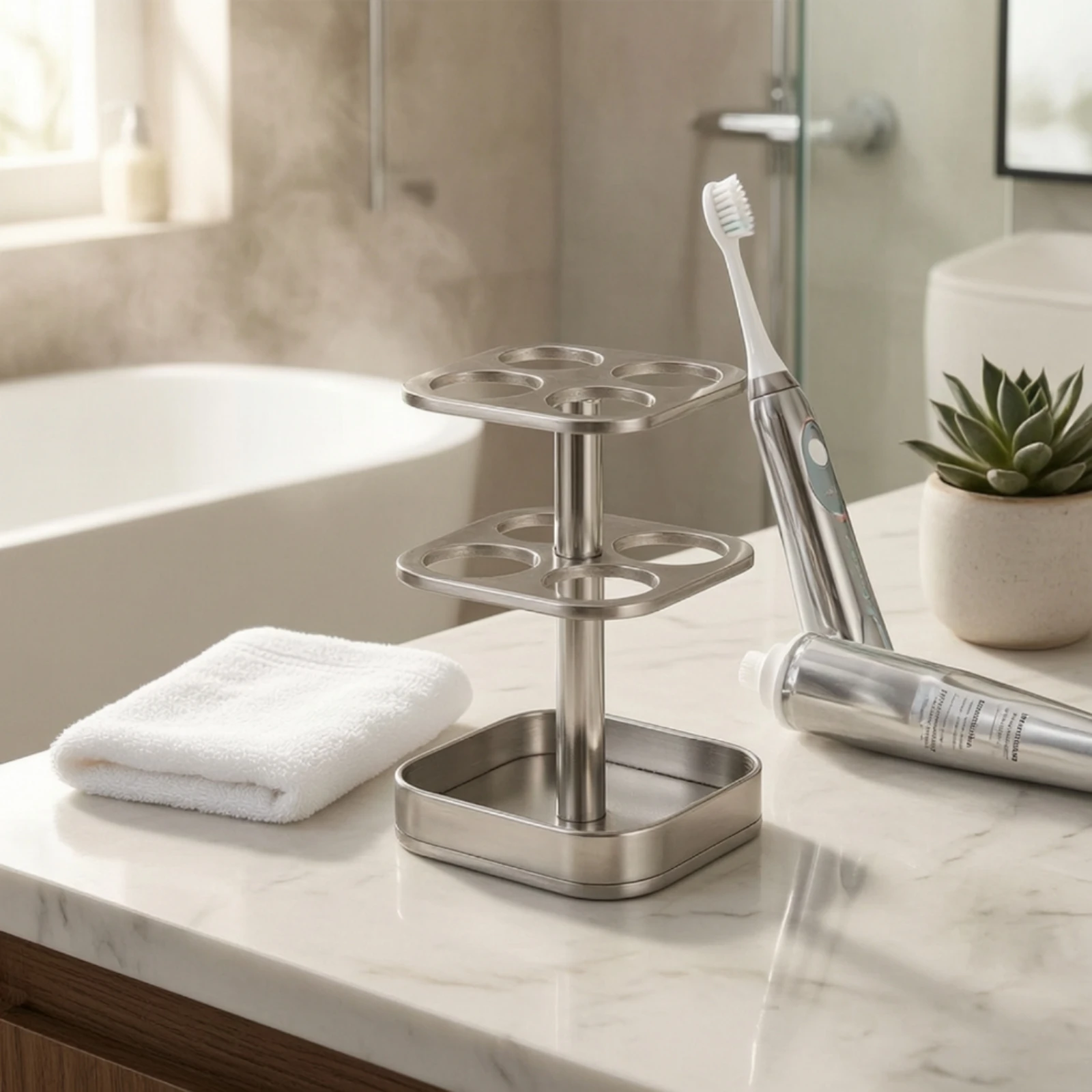 Stainless Steel Toothbrush Holder Rust-Resistant Toothbrush Holder with Tray Brushed Metal Compact for Sink Vanity