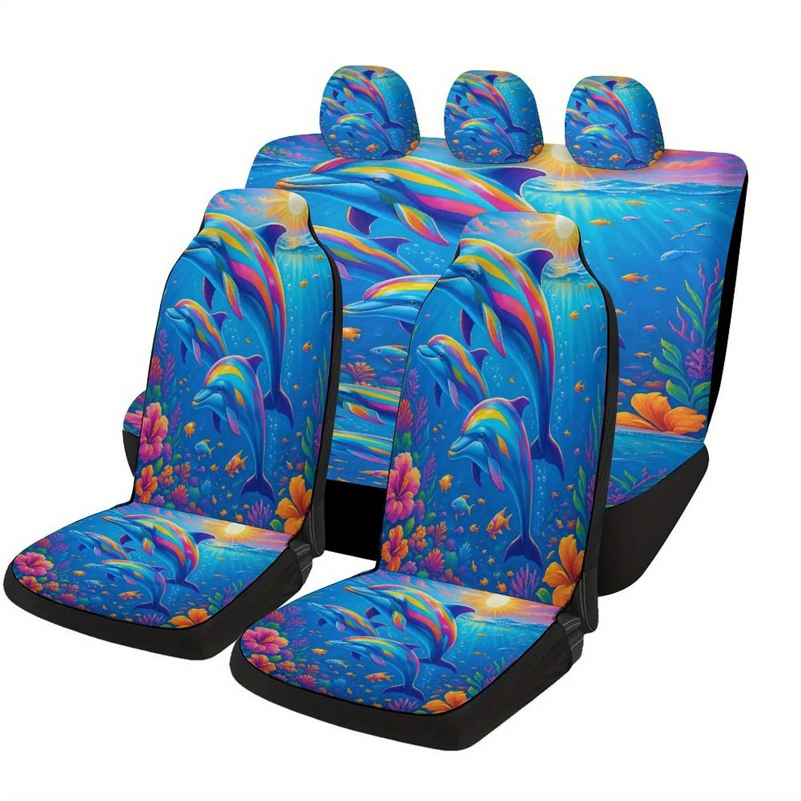 

Ocean Dolphins Designed Car Seat Cover Set For Most Cars, Trendy Novelty High-quality Car Seat Protector Covers Full Set, Univer