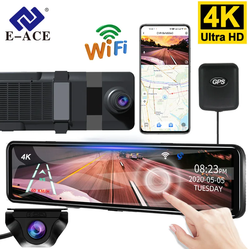 

EACE 4K WIFI Dashcam 12Inch Car DVR RearView Mirror Recorder Dash Cam Support 1080P Sony Black Box Rear View Camera Acesssories