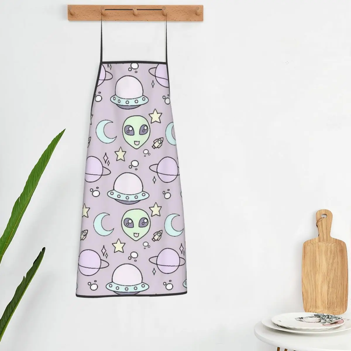 Green Alien UFO Moon Apron Chef Cooking Tablier Sleeveless Bib Kitchen Cleaning Pinafore for Women Men Painting