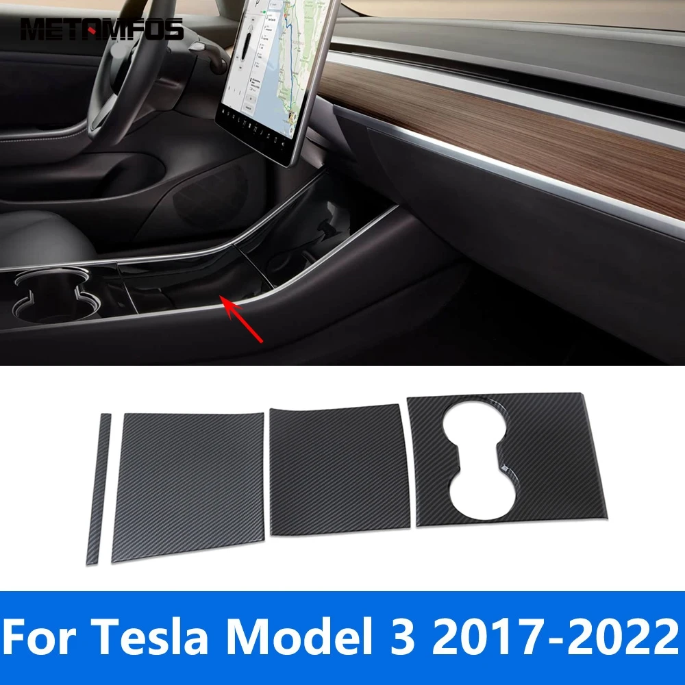 

For Tesla Model 3 2017-2019 2020 2021 2022 Carbon Fiber Center Console Water Cup Panel Cover Trim Sticker Interior Accessories