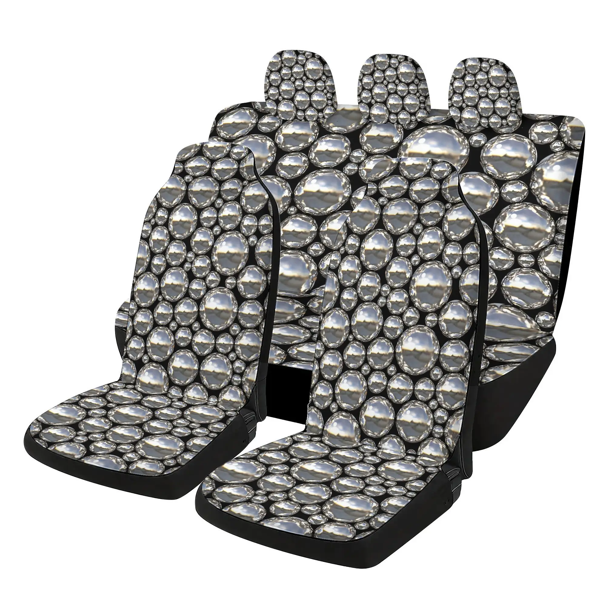 Silver Ball Print Car  Covers Set - 7pcs, Including 2 Front  Covers + 1 Rear  Back Cover + 1Rear  Cover + 3 Car